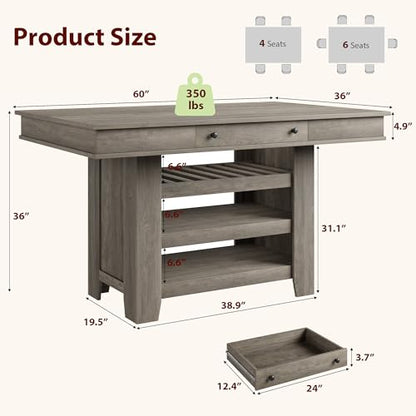 IDEALHOUSE 60" Wood Dining Table for 4-6, Counter Height Kitchen Table with Wine Rack and 2 Drawers, Open Shelves and Sturdy Legs, 4-Tier Stationary Kitchen Island for Dining Room and Kitchen - color: Grey