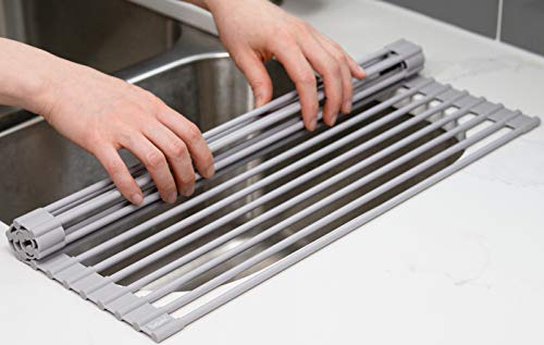 20.5 x 15.5 Inch Roll-Up Dish Drying Rack, Fits Across Sink Openings up to 19.5 Inches, Heavy-Duty Premium Silicone, Strong Support, Non-Slip, Heat-Resistant, Warm Gray - size: 20.5" x 15.5"