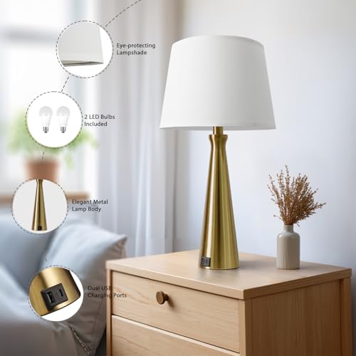 Modern Touch Lamps for Nightstand, 3 Way Dimmable Bedroom Lamp Set of 2 | USB C+A Charging Ports, Gold Bedside Lamps for Bedroom, Living Room, End Table, Bed Side, LED Bulb Included - color: G. Gold Base-White Shade