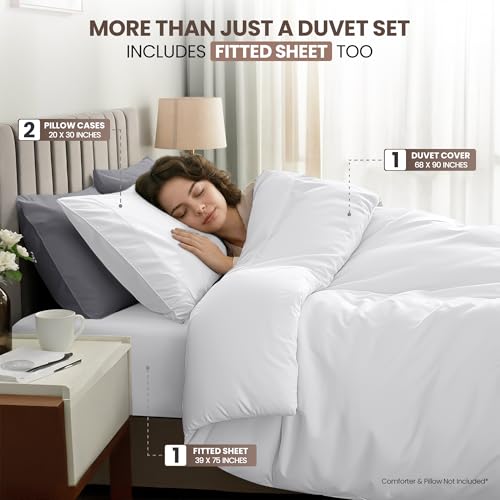 Utopia Bedding Duvet Cover Twin with Fitted Sheet (39x75) - 2 Pillow Case (20x30)- All Season Luxury Bed in a Bag with Zippered Duvet Cover - No Comforter (White) - color: White, size: Twin - Duvet Cover with Fitted Sheet