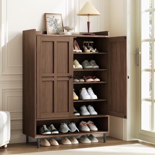 Shoe Cabinet with Cross Molding Doors, 6-Tier Storage, Walnut | 45'' Tall Shoe Storage Organizer with 3 Adjustable Shelves & Metal Legs, Freestanding Wood Shoe Rack for Entryway, Front Door - color: Walnut