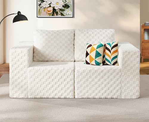 Hobestluk 2 Seater Modular Couch with Deep Seat Oversized Sectional Sofa | PLUSH WHITE,Loveseat,Cozy Fabric,Memory Foam,No Assembly,Cloud Chair,With Pillows,For Livingroom,Free Combination - color: Snow White, size: Loveseat
