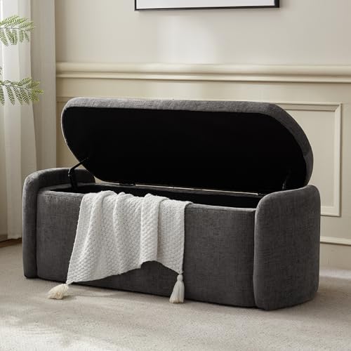 VKNOW Storage Bench, Upholstered Storage Ottoman Bench with Hinge, Grey | Ottoman Bench with Large Capacity, Curved Frame, Soft Fabric, Storage Bench for Bedroom, Living Room, Entryway, Window - color: Dark Grey, size: 46.1"