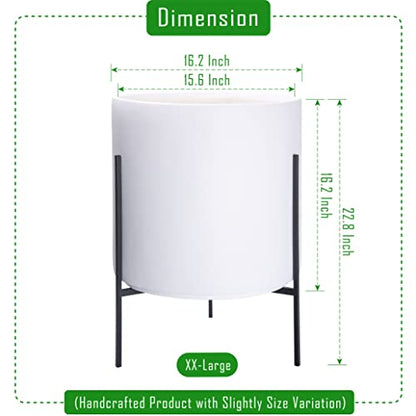 D'vine Dev Modern White Plants Pot Cylinder Planter with Heavy Duty Stand, XX-Large 16 Inch Pot, 22.8 Inch with Stand Height, 96-T-A-5 | Durable Fiberclay Construction, Sleek Modern Design, Heavy-Duty Iron Stand, Drainage Hole & Saucer - color: White, siz