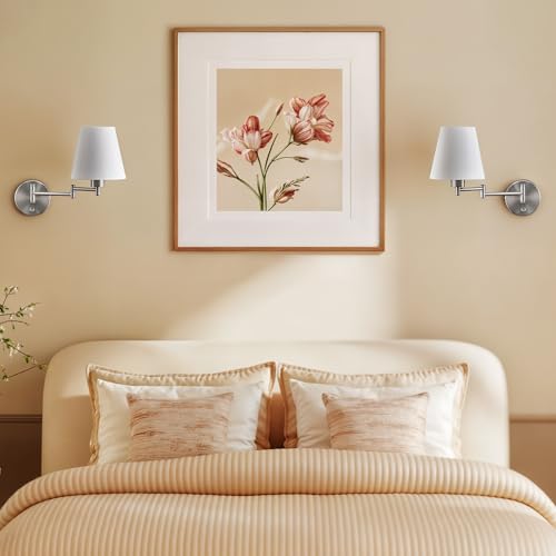 VONLUCE Wall Lamp, Plug in & Swing Arm Wall Sconce, Nickel Finish | Modern Wall Lights with White Fabric Shades, Plug in & Hardwired Wall Mounted Light for Bedside, Living Room, Hallway - color: Nickel, size: 1 Pack