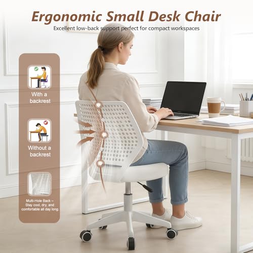 JPBSTO Armless Desk Chair, Height Adjustable Swivel Office Rolling Task Chairs with Soft Mesh Padded Cushion, Ergonomic Small Study Computer Chair - color: Solid White