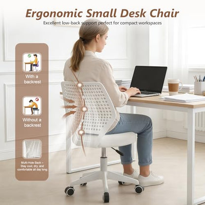 JPBSTO Armless Desk Chair, Height Adjustable Swivel Office Rolling Task Chairs with Soft Mesh Padded Cushion, Ergonomic Small Study Computer Chair - color: Solid White