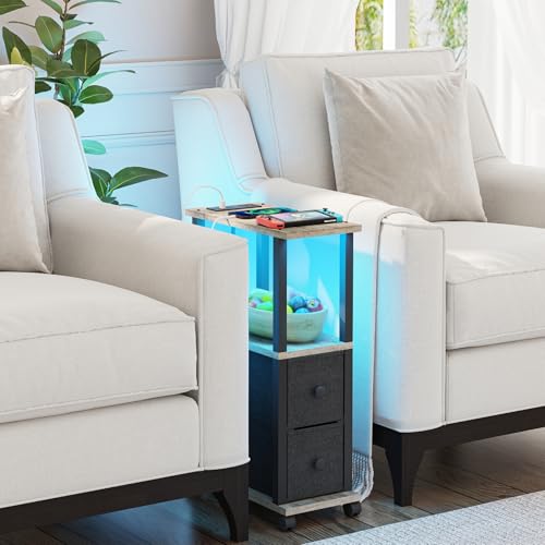 TUTOTAK Small Narrow End Tables, LED Side Tables with 2 Fabric Drawers, Set of 2, Bedside Tables with Charging Station for Small Spaces, Slim Nightstands with USB Ports and Wheels, TB01BG053L - color: Greige, style: with LED Light & Outlets