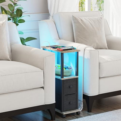 TUTOTAK Small Narrow End Tables, LED Side Tables with 2 Fabric Drawers, Set of 2, Bedside Tables with Charging Station for Small Spaces, Slim Nightstands with USB Ports and Wheels, TB01BG053L - color: Greige, style: with LED Light & Outlets