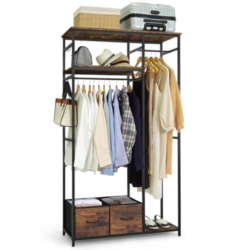 CAPHAUS 550lbs Capacity Garment Rack for Hanging Clothes, Heavy Duty Metal Open Wardrobe w/Hanging Rods & Drawers, Free Standing Closet Organizer, Metal Closet w/Wooden Boards, Rustic Oak Board - color: Rustic Oak, size: 40 Inch