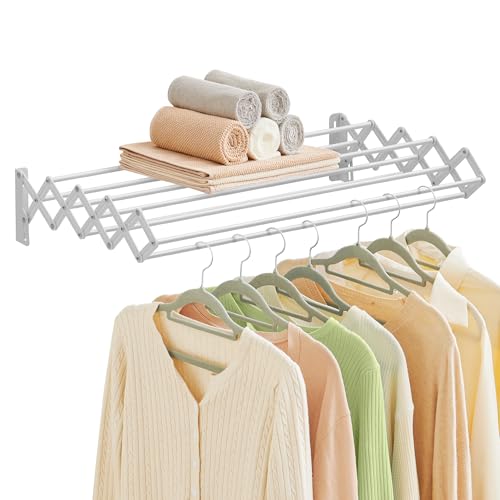 SONGMICS Clothes Drying Rack, Wall-Mounted Drying Rack, | 9 Staggered Hanging Rods, Accordion Laundry Rack, Expandable and Retractable, Pearl Cloud White, BUNJI Collection ULLR806W01 - color: Cloud White, size: 24.1"W