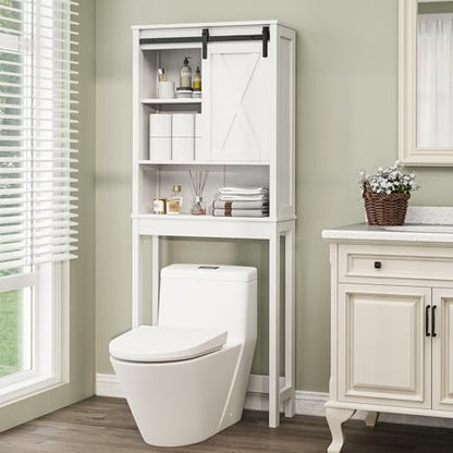 Xilingol Over The Toilet Storage Cabinet, Farmhouse Bathroom Storage Cabinet with Sliding Doors and Adjustable Shelf, Space-Saving Over Toilet Storage, White