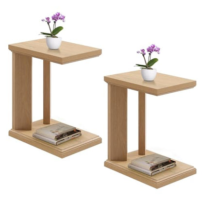 C Shaped End Table Set of 2, 23.2'' in Height Wooden Narrow Living Room Couch Side Table, 2 Tier Storage, Grain Wood Modern Nightstand for Bedroom, Apartment, Home Office (Natural Oak) - size: 2 Pack