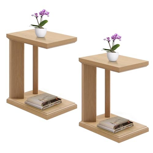 C Shaped End Table Set of 2, 23.2'' in Height Wooden Narrow Living Room Couch Side Table, 2 Tier Storage, Grain Wood Modern Nightstand for Bedroom, Apartment, Home Office (Natural Oak) - size: 2 Pack