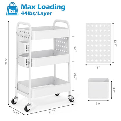 TOOLF Metal Rolling Storage Cart, 3-Tier Utility Mobile Cart with DIY Pegboards, Serving Trolley Cart with Baskets Hooks, for Kitchen, Bathroom, Office, Home, Classroom (Light White) - color: Light White