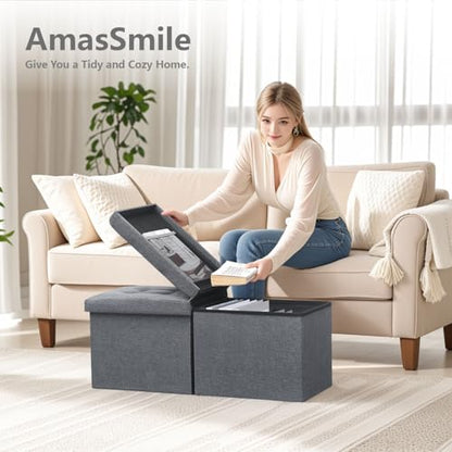 AmasSmile Footrest Ottoman Storage Bench,34" Linen Folding Chest,Gray | Large Ottoman with Storage,Thicker Foam Padded Seat,Livingroom,Dorm,Bedroom,Entryway,Easy to install,34 x 13 x 13in - color: Grey-linen