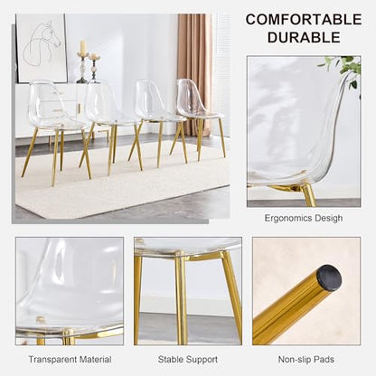 Baysitone Clear Dining Chairs Set of 6, Modern Kitchen Chairs with Transparent Seat, Acrylic Accent Side Chairs with Golden Plating Metal Legs for Dining Room, Kitchen, Living Room - color: Golden, size: Set of 6