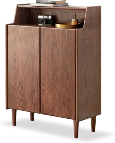 Solid Wood Shoe Cabinet with Doors, 4-Tier Adjustable Shelves Shoe Storage Organizer, Mid Century Modern Entryway Cabinet for Hallway Living Room, 14 Pairs Oak Wood Rack, 13.8" x 31.5" x 43.3", Walnut