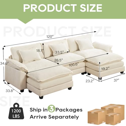 120" Modular Sectional Sofa, Comfy Deep Cloud Couch with Ottoman | U-Shaped Couches for Living Room, Modular Couch, Deep and Wide Seat, Chenille Sofa Sleeper with Throw Pillows, Beige White - color: Beige White, size: 120 Inch U