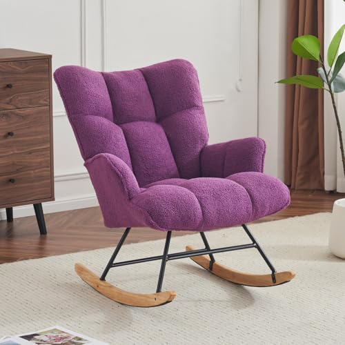 Rocking Chair Nursery Teddy Upholstered Glider Rocker Rocking Accent Chair Padded Seat with High Backrest Armchair Comfy Side Chair for Living Room Bedroom Offices (Purple Teddy) - color: Grape Purple