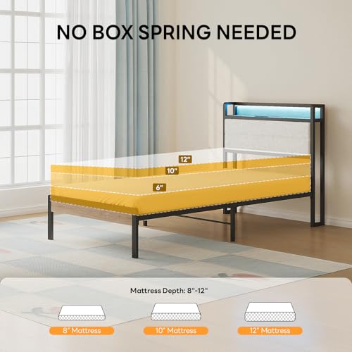 LIKIMIO Twin Bed Frame with Headboard, LED Lights and Charging Station | Upholstered sherpa storage headboard with LED & charger; heavy-duty slats; noise-free; modern elegance; natural and cream - color: Natural and Cream, size: Twin