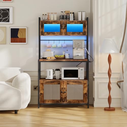 HOOBRO Bakers Rack with Storage Cabinet, 5-Tier Coffee Bar with Power Outlet and LED Lights, Industrial Microwave Oven Stand with Shelves, Kitchen Storage Shelf, Rustic Brown and Black BF13UDHB01 - color: Rustic Brown + Black