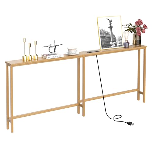 VASMIA 70.9 Inch Narrow Console Table with Outlet,Bamboo Behind Couch Sofa Table,Skinny Hallway Table for Entryway Living Room,Foyer,Natural - color: Natural, size: 5.91"D x 70.87"W x 29.52"H