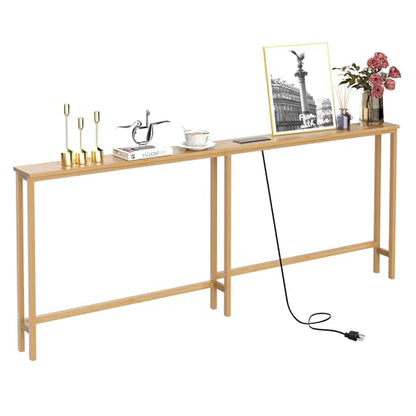 VASMIA 70.9 Inch Narrow Console Table with Outlet,Bamboo Behind Couch Sofa Table,Skinny Hallway Table for Entryway Living Room,Foyer,Natural - color: Natural, size: 5.91"D x 70.87"W x 29.52"H