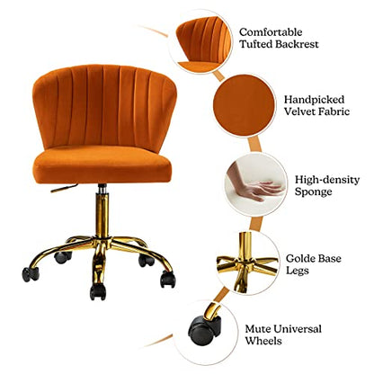 TINA'S HOME Office Desk Chairs with Wheels & Gold Base, Modern Velvet Cute Armless Office Chair, Adjustable Low Back Swivel Rolling Chair, Upholstered Task Chair for Living Room Vanity Study-Orange | Modern Velvet Cute Armless Office Chair, Adjustable Low
