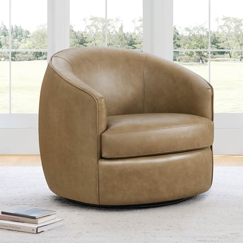 CHITA Genuine Leather Swivel Barrel Accent Chair, Fully Assembled, Mocha | Modern Armchair with FSC Certified Wood Frame, Living Room Chair for bedroom & office, 31.5"Dx32.3"Wx28.7"H, 350 Lbs Capacity - color: Mocha - Genuine Leather