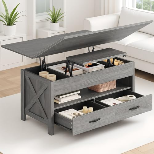 Amada 39" Lift Top Coffee Table with Drawer, Shelf, Hidden Storage, Grey | Modern farmhouse style, quiet and stable lifting system, CARB-certified, 4-in-1 table for dining, working, reading, relaxing - color: Wash Grey