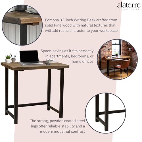 Alaterre Furniture Pomona Compact Writing Desk, Natural, 32”x21”x30” | Rustic Industrial Style Small Home Office Desk with Solid Wood Top, Metal Frame, Durable Lacquer Finish and Floor Levelers - style: Desk Only