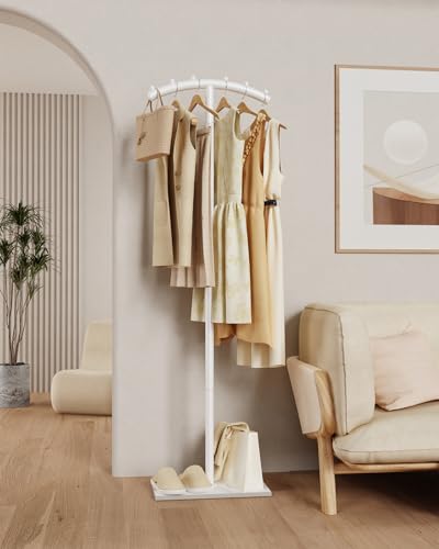 Freestanding Metal Clothes Rack with Natural Rock Base,68.9in,White | T-shaped Coat Hangers with Anti Slip Knots,Easy to Clean Garment Racks for Home,Durable Clothing Trees for Office - color: White