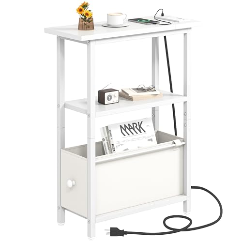 Narrow Side Table with Charging Station, Skinny End Table for Small Spaces, Thin Sofa Side Table with 1 Fabric Drawer, Slim Nightstand for Living Room, Bedroom, White - color: White, style: With Plug