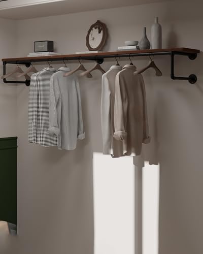 Clothes Rack 70in, Wall Mounted Garment Racks with Real Brown Wood Shelf, Heavy Duty Hanging Clothes Rack, Multi-Purpose Hanging Rod, Space-Saving Closet Storage - color: Brown, size: 1T70IN