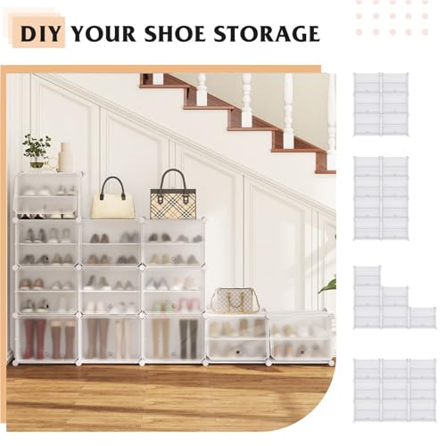 Tangkula 48 Pairs Shoe Rack Organizer, 12-Cube Shoe Storage Cabinet with Removable Shelf, 5 Hanging Hooks, DIY Shoe Shelves with Doors, 24 Tiers Free Standing Shoe Tower Rack for Entryway (White)