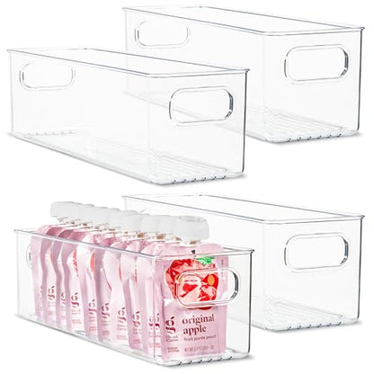 Plastic Food Storage 4 Pack Clear Container Bin with Handles for Organizing Kitchen, Pantry, Refrigerator, Freezer, Pantry, Cabinet, Closet, Bathroom. 14”x4”x4” - size: 14x4x4