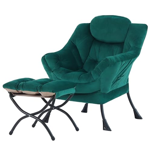 Lazy Chair with Ottoman, Comfy Reading Accent Chair, Velvet Green | Foldable Footrest, Padded Seat and Backrest, Side Pocket for Lounging in Living Rooms, Bedrooms, Dorms and Small Spaces - color: Green