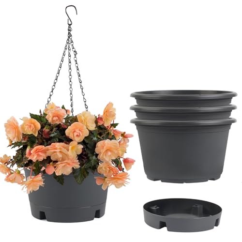4 Pack 10 inch Baskets for Plants Outdoor with Removable Tray & 15.7" Chain | Hanging Planters for Indoor Plants, Round Plastic Hanging Flower Pots for Home Garden Porch Balcony Patio Decor (Grey) - color: Gray, size: 10 Inch - 4 Pack