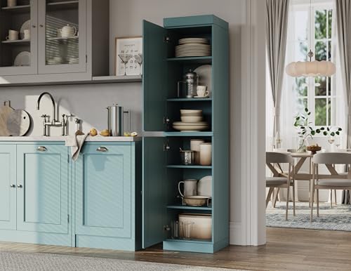 Solid Wood Kitchen Pantry - Narrow Storage Cabinet - Raised Panel Doors, Adjustable Shelves, Aqua, 16.5" Wide x 71.5" Tall, 100% Eco-Friendly Wood, Modular Pantry Cabinet Systems - color: Aqua, style: Raised Panel Doors