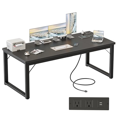 63 Inch Computer Desk with Power Outlets, 1.2" Thick Office Table | Modern Simple Style, Heavy Duty Industrial Frame, Large Study & Writing Table for Home Bedroom Work, Black - color: Black, size: 63*23,1.2"T