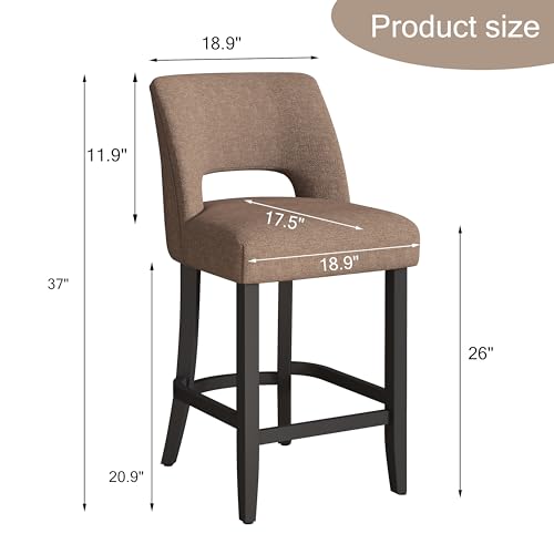 VKNOW Bar Stools Set of 6, 26" Upholstered Counter Height Bar Stools | Modern Counter Stools with Black Rubberwood Legs for Kitchen Island Dining Room Bar, Brown-Black Legs - color: Brown-black Legs, size: Set of 6