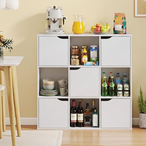Giantex 9-Cube Storage Organizer, Storage Cabinet with 4 Open Cubes and 5 Cabinets, Freestanding Wooden Cubby Bookcase, Compartment Units for Home Office, 3-Tier Bookshelf for Books | Wooden Storage Cabinet, 4-Tier Freestanding Cubby Bookcase, Compartment
