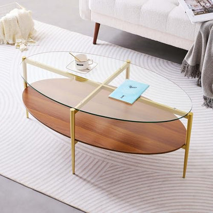LumFurn Oval Glass Coffee Table, Surfboard Shaped Mid-Century Modern for Living Room, L43xW22xH17inch, Clear Glass and Walnut Finish Wood, Gold Finish Frame - color: Oval L43" Clear & Walnut