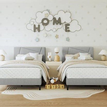 Twin Size Upholstered Bed Frame Frame with Headboard，Velvet Gray | Geometric Head Board Platform Bed, Sturdy Wooden Slats, Noiseless No Box Spring Required, Easy to Assemble - color: Light Gray, size: Twin