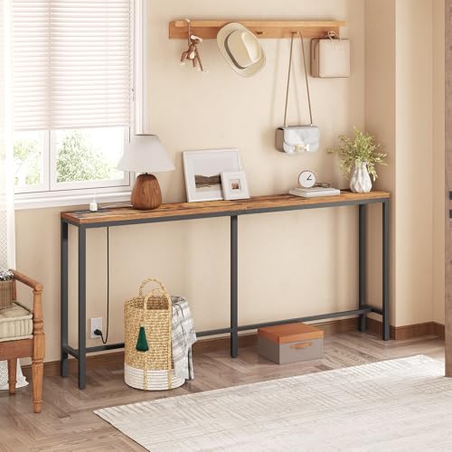 MAHANCRIS 70.9'' Console Table with Power Outlet, Narrow Sofa Table with Charging Station, Skinny Behind Couch Table for Entryway, Hallway, Foyer, Living Room, Rustic Brown CTHR18E01Z1 - color: Rustic Brown, Black, size: 70.9"L x 7.9"W x 31.7"H