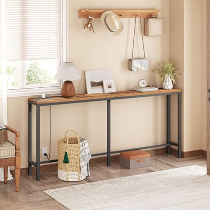 MAHANCRIS 70.9'' Console Table with Power Outlet, Narrow Sofa Table with Charging Station, Skinny Behind Couch Table for Entryway, Hallway, Foyer, Living Room, Rustic Brown CTHR18E01Z1 - color: Rustic Brown, Black, size: 70.9"L x 7.9"W x 31.7"H