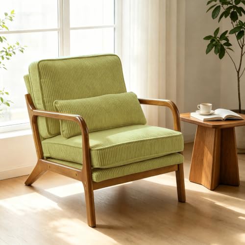 Karl home Mid-Century Modern Accent Reading Chair, Green | Corduroy Upholstered, Solid Wood Frame, Soft Cushion, Lumbar Pillow, Lounge Armchair for Living Room, Bedroom, Balcony, Study - color: Corduroy Green
