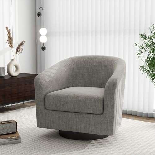 Swivel Barrel Accent Chair, Comfy Reading Armchair, Khaki, Set of 2 | Club Chairs for Adults, Low-Back Design, Modern Round Style, Solid Wood Frame & Metal Swivel Base, For Living Room & Bedroom - color: Khaki