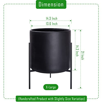 D'vine Dev Cylinder Planter Pot with Metal Stand, Black, 14 in, 96-T-B-4 | Durable Fiberclay Construction, Sleek Modern Design, Heavy-Duty Iron Stand, Drainage Hole & Saucer, Elegant Indoor Display - color: Black, size: X-Large 14 Inch